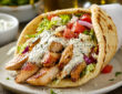 Easy chicken gyro recipe with grilled chicken, warm pita, fresh vegetables, and tzatziki sauce