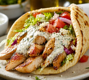 Easy chicken gyro recipe with grilled chicken, warm pita, fresh vegetables, and tzatziki sauce