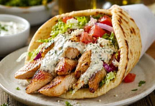Easy chicken gyro recipe with grilled chicken, warm pita, fresh vegetables, and tzatziki sauce