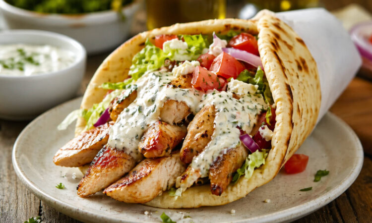 Easy chicken gyro recipe with grilled chicken, warm pita, fresh vegetables, and tzatziki sauce