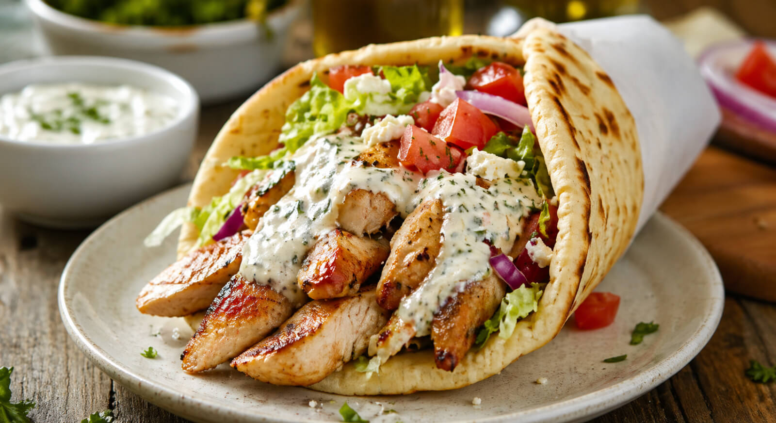 Easy chicken gyro recipe with grilled chicken, warm pita, fresh vegetables, and tzatziki sauce