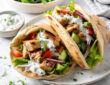 Easy gyro recipe with warm pita, seasoned meat, fresh vegetables, and tzatziki sauce