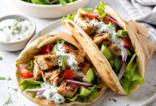 Easy gyro recipe with warm pita, seasoned meat, fresh vegetables, and tzatziki sauce