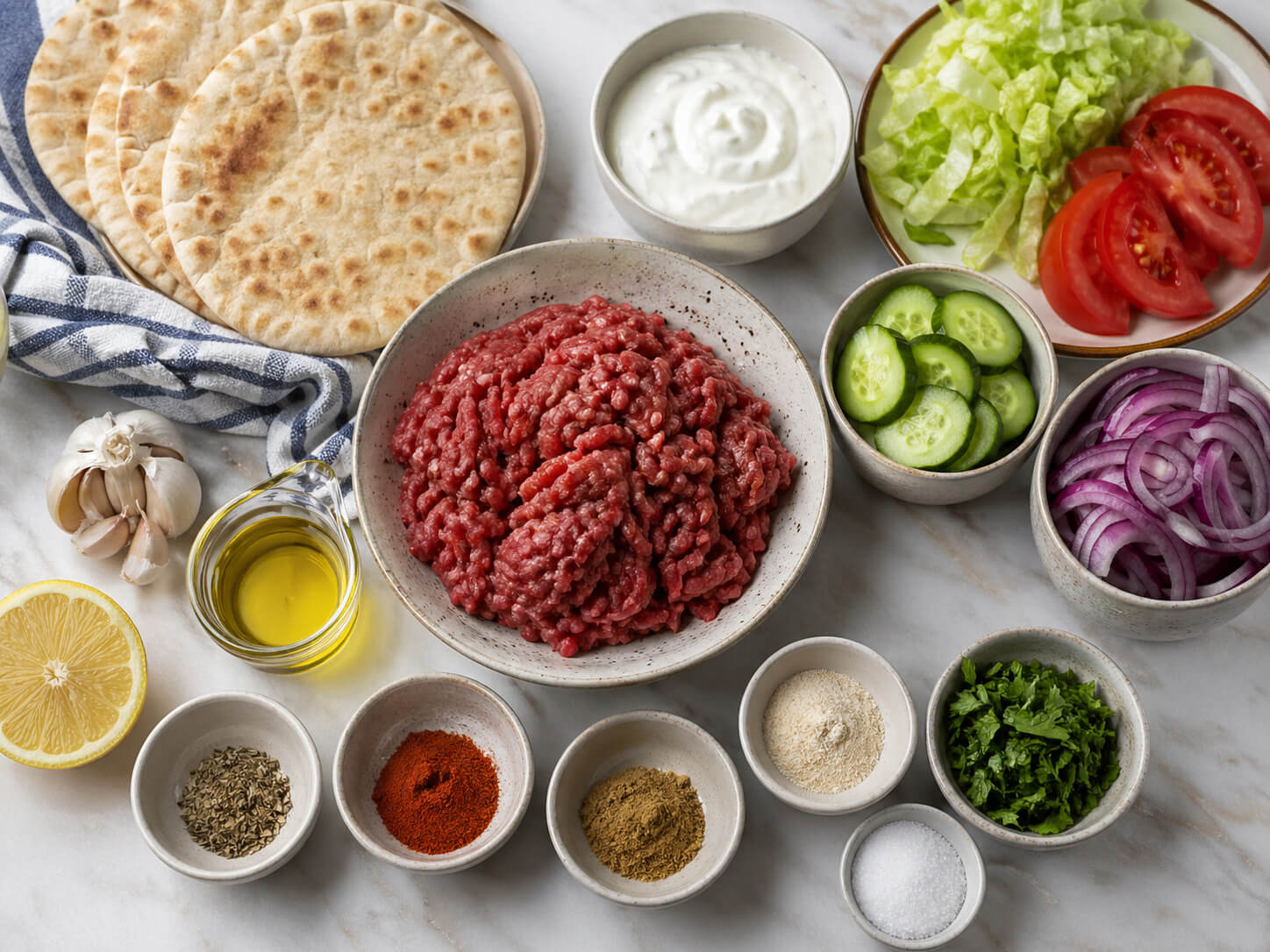 Beef gyro ingredients with ground beef, pita bread, tomatoes, onion, lettuce, cucumber, yogurt, garlic, and spices
