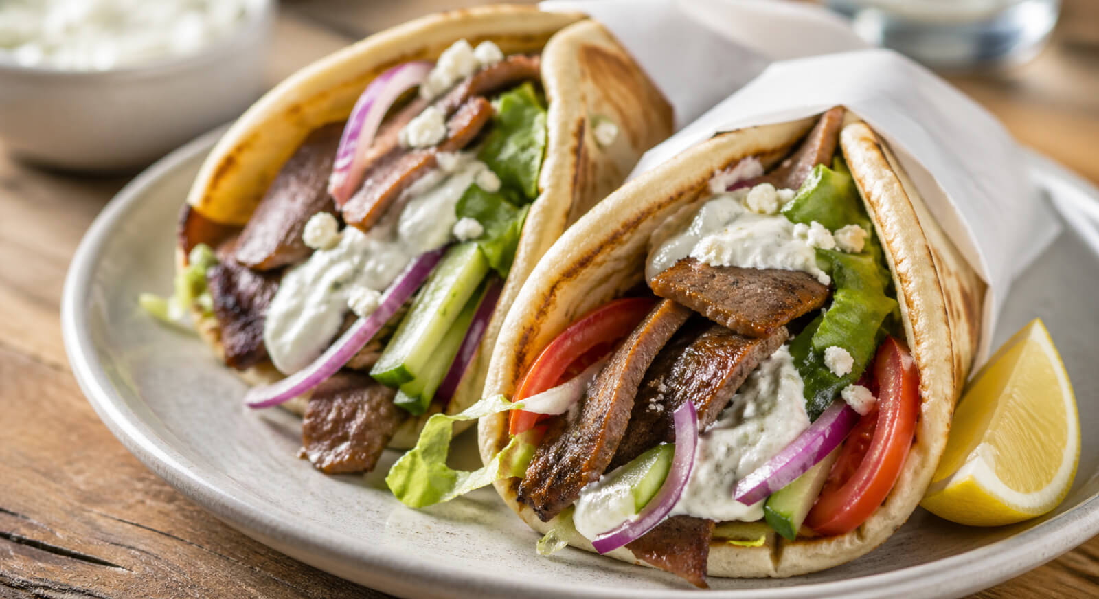 Beef gyros with tzatziki sauce, tomatoes, red onions, lettuce, cucumber, and warm pita bread