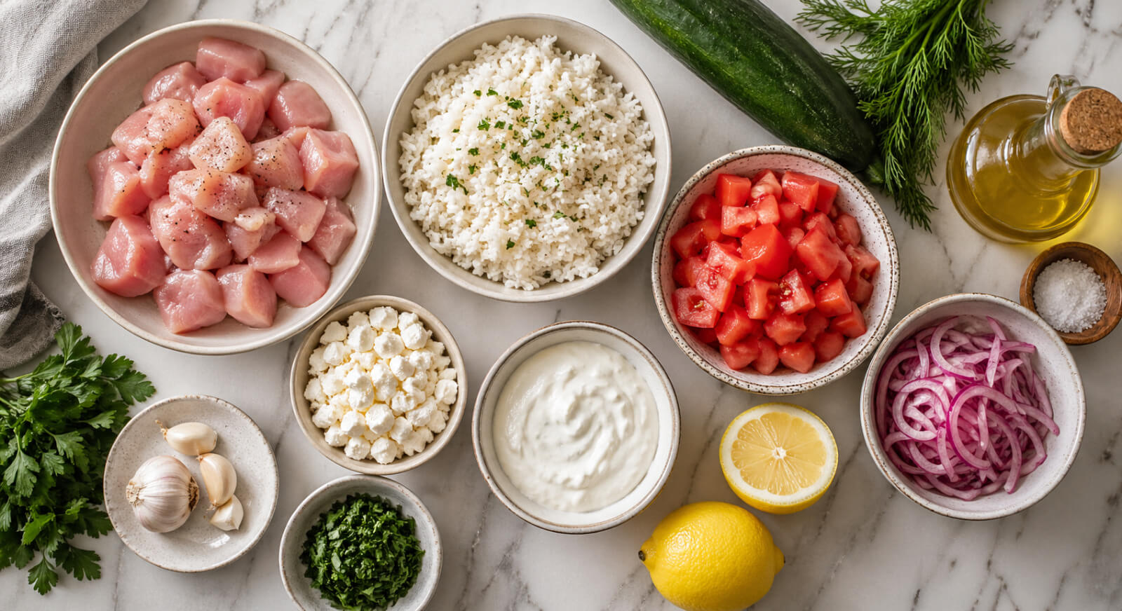 Chicken gyro bowl ingredients with chicken, rice, cucumber, tomatoes, red onion, feta, yogurt, lemon, and herbs