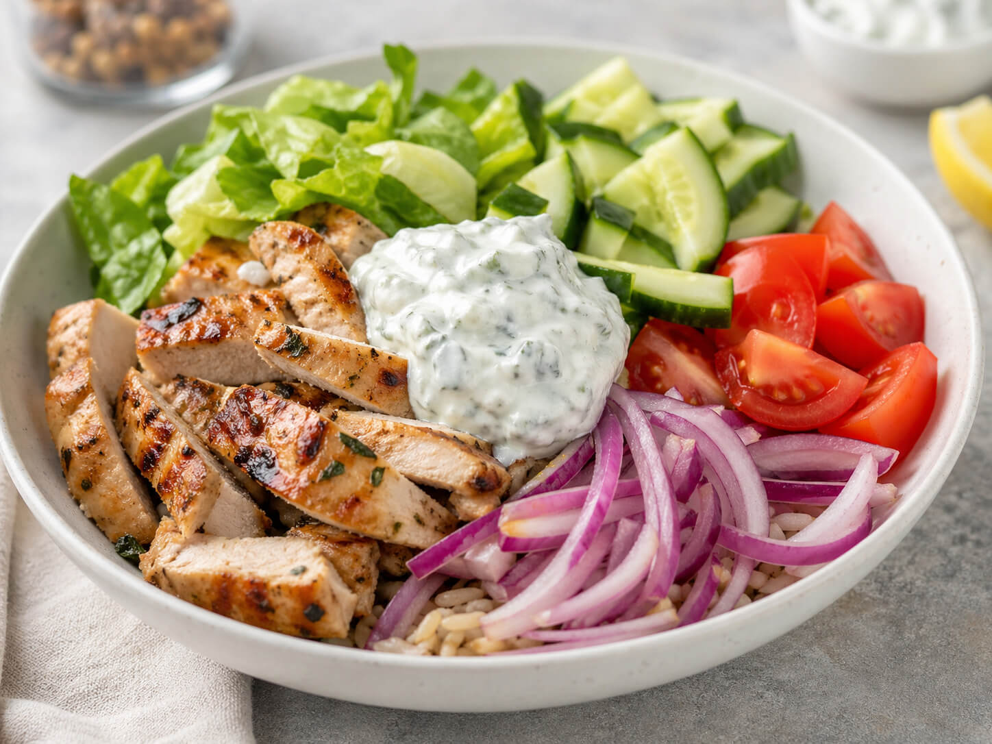 Chicken gyro bowl with grilled chicken, rice, lettuce, cucumber, tomato, onion, and tzatziki sauce