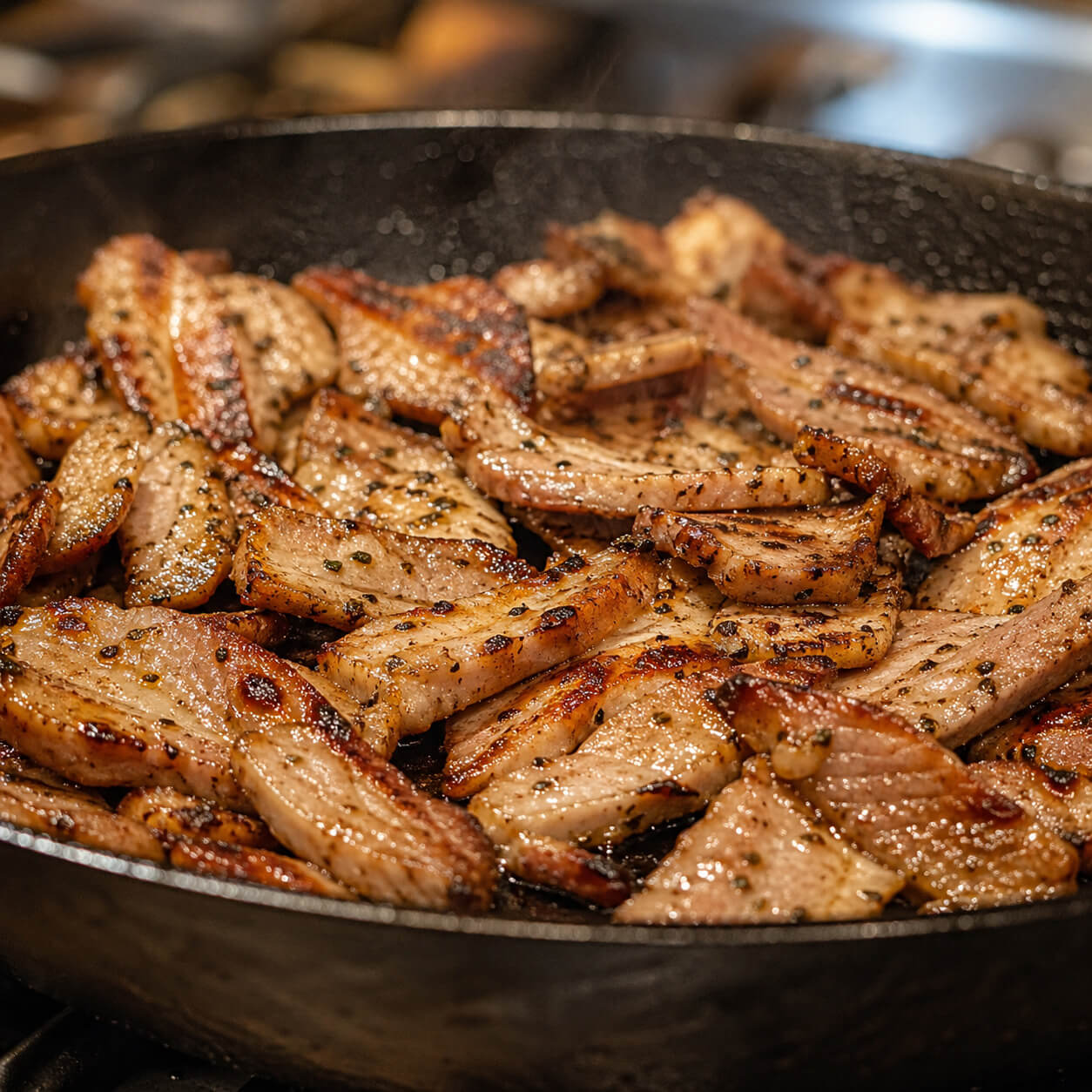 Crispy pork gyro meat cooked in a skillet for homemade pork gyros