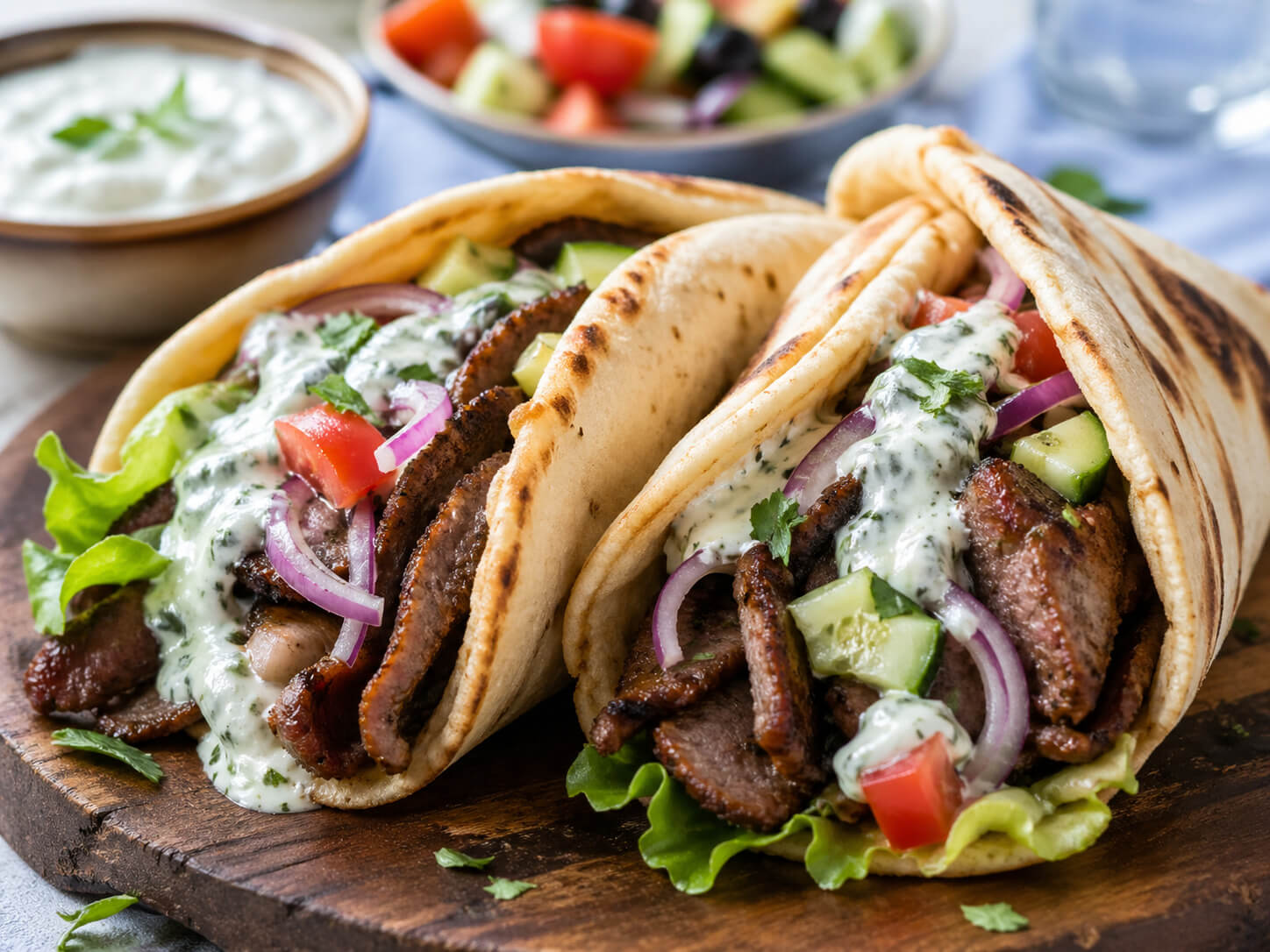 Easy beef gyro recipe with seasoned beef, warm pita, fresh vegetables, and tzatziki sauce