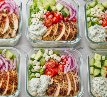 Easy chicken gyro bowl with Greek chicken, rice, vegetables, feta, and tzatziki sauce