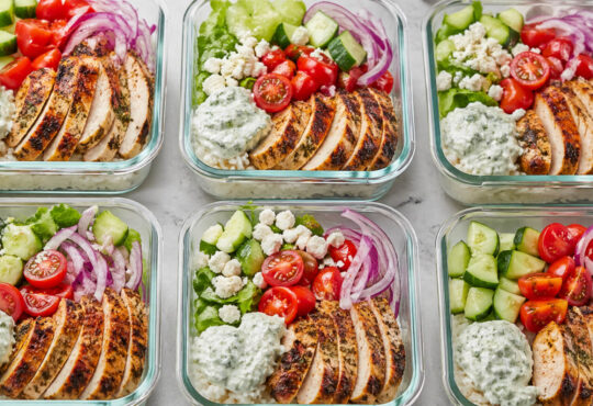 Easy chicken gyro bowl with Greek chicken, rice, vegetables, feta, and tzatziki sauce