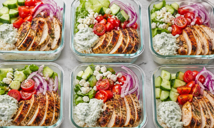 Easy chicken gyro bowl with Greek chicken, rice, vegetables, feta, and tzatziki sauce