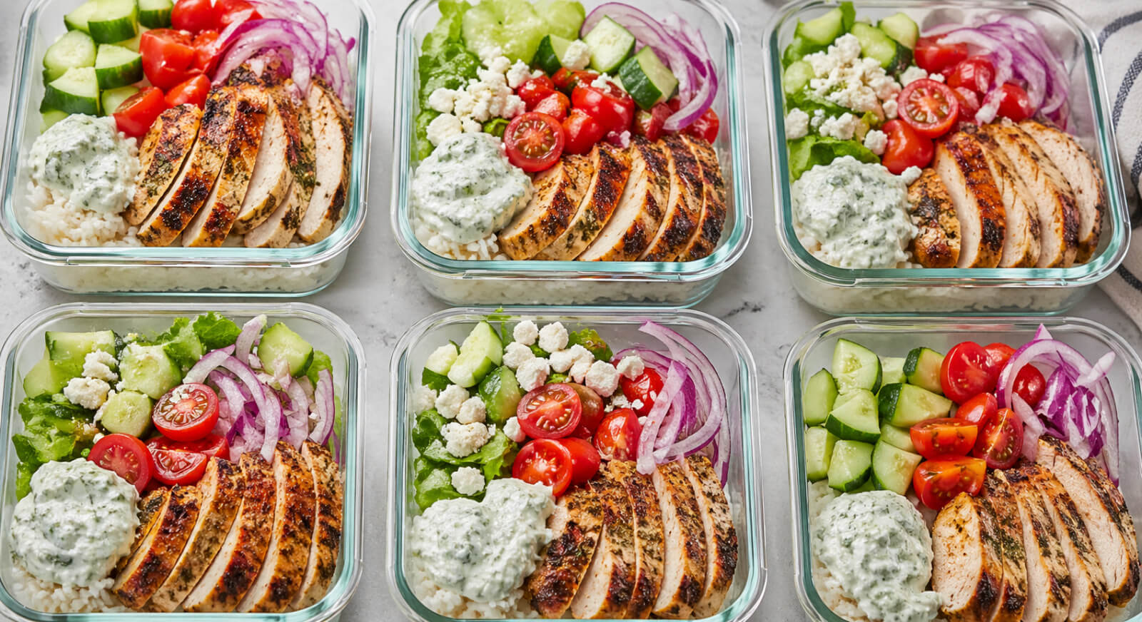Easy chicken gyro bowl with Greek chicken, rice, vegetables, feta, and tzatziki sauce