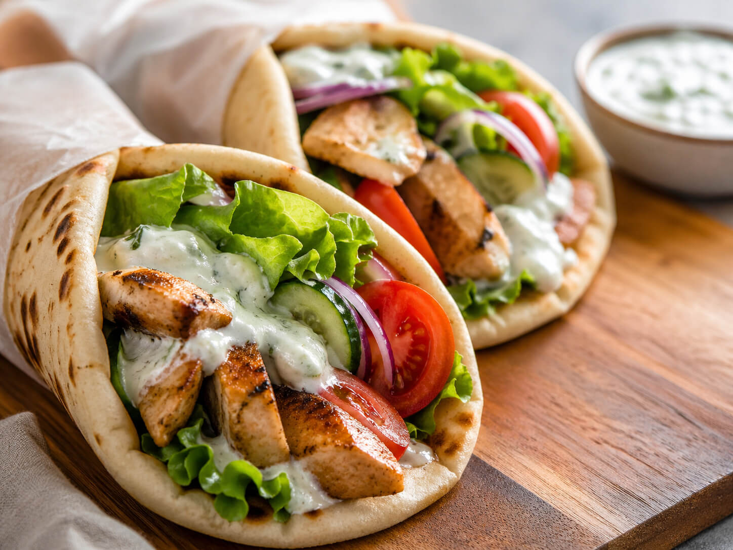 Easy chicken gyro recipe with tzatziki sauce in warm pita bread