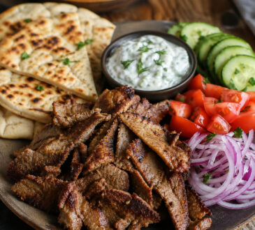 Easy gyro meat recipe with sliced homemade gyro meat, warm pita, vegetables, and tzatziki sauce