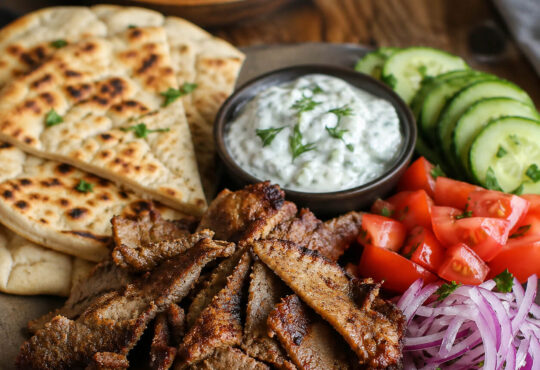 Easy gyro meat recipe with sliced homemade gyro meat, warm pita, vegetables, and tzatziki sauce