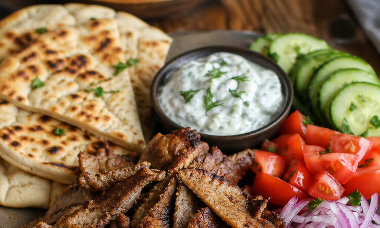 Easy gyro meat recipe with sliced homemade gyro meat, warm pita, vegetables, and tzatziki sauce