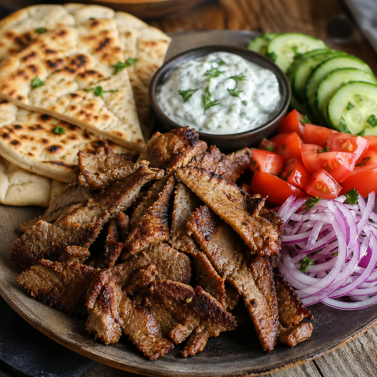 Easy gyro meat recipe with sliced homemade gyro meat, warm pita, vegetables, and tzatziki sauce