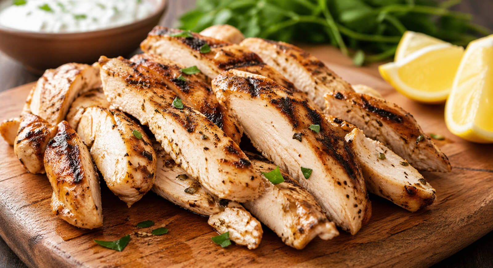 Grilled Greek chicken sliced for a chicken gyro bowl recipe