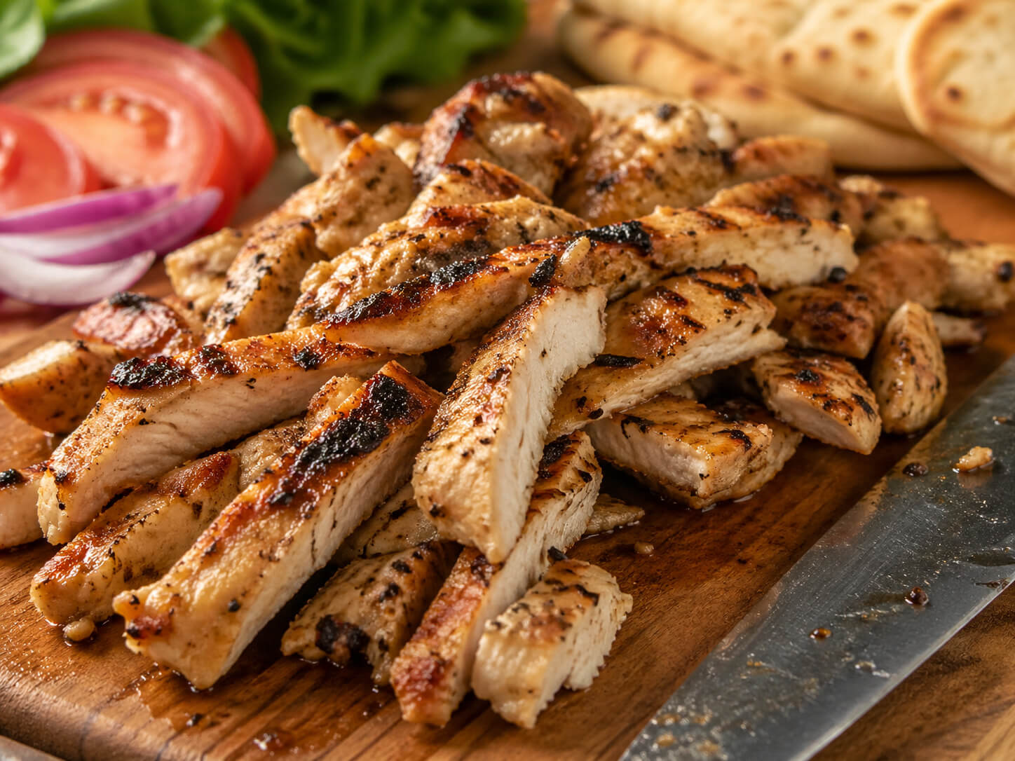 Grilled chicken sliced on a cutting board for homemade chicken gyros