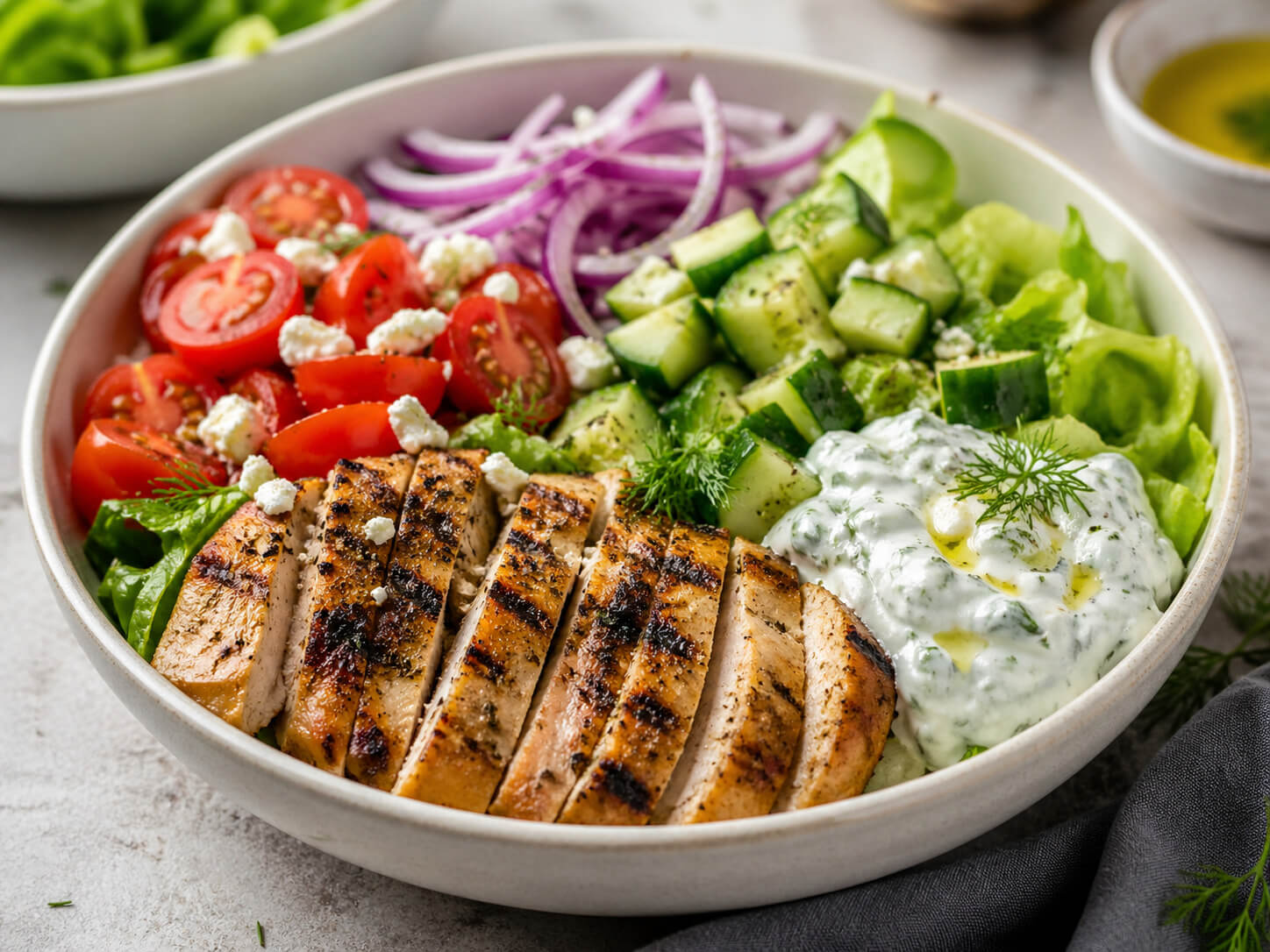 Healthy gyro bowl with grilled chicken, lettuce, cucumber, tomatoes, red onion, and Greek yogurt tzatziki