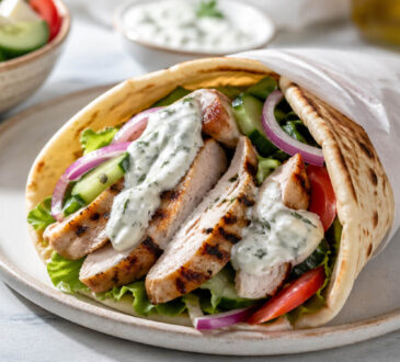 Healthy chicken gyro recipe with grilled chicken, warm pita, fresh vegetables, and Greek yogurt tzatziki sauce
