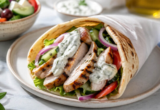 Healthy chicken gyro recipe with grilled chicken, warm pita, fresh vegetables, and Greek yogurt tzatziki sauce