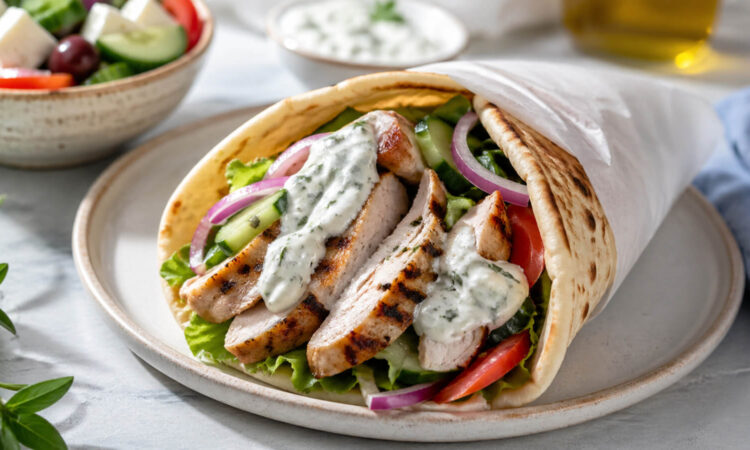 Healthy chicken gyro recipe with grilled chicken, warm pita, fresh vegetables, and Greek yogurt tzatziki sauce