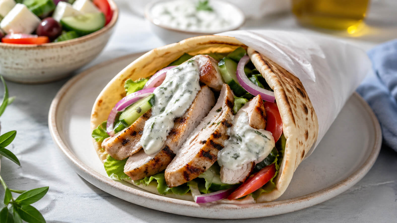Healthy chicken gyro recipe with grilled chicken, warm pita, fresh vegetables, and Greek yogurt tzatziki sauce