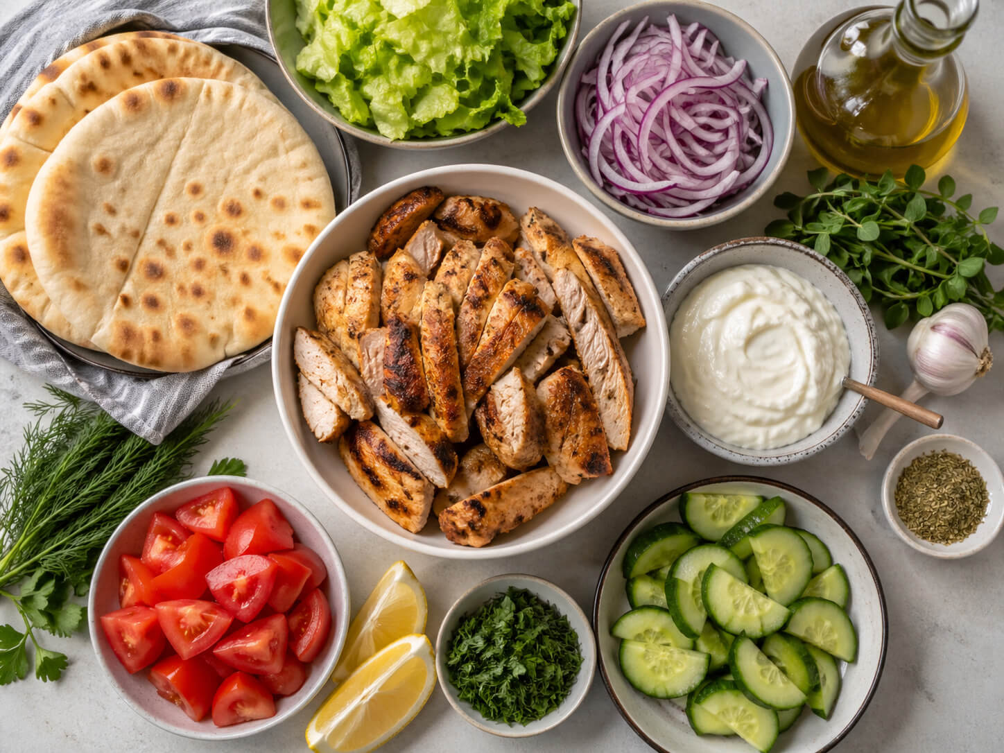 Healthy gyro ingredients with chicken, pita bread, cucumber, tomato, lettuce, red onion, Greek yogurt, lemon, garlic, and herbs