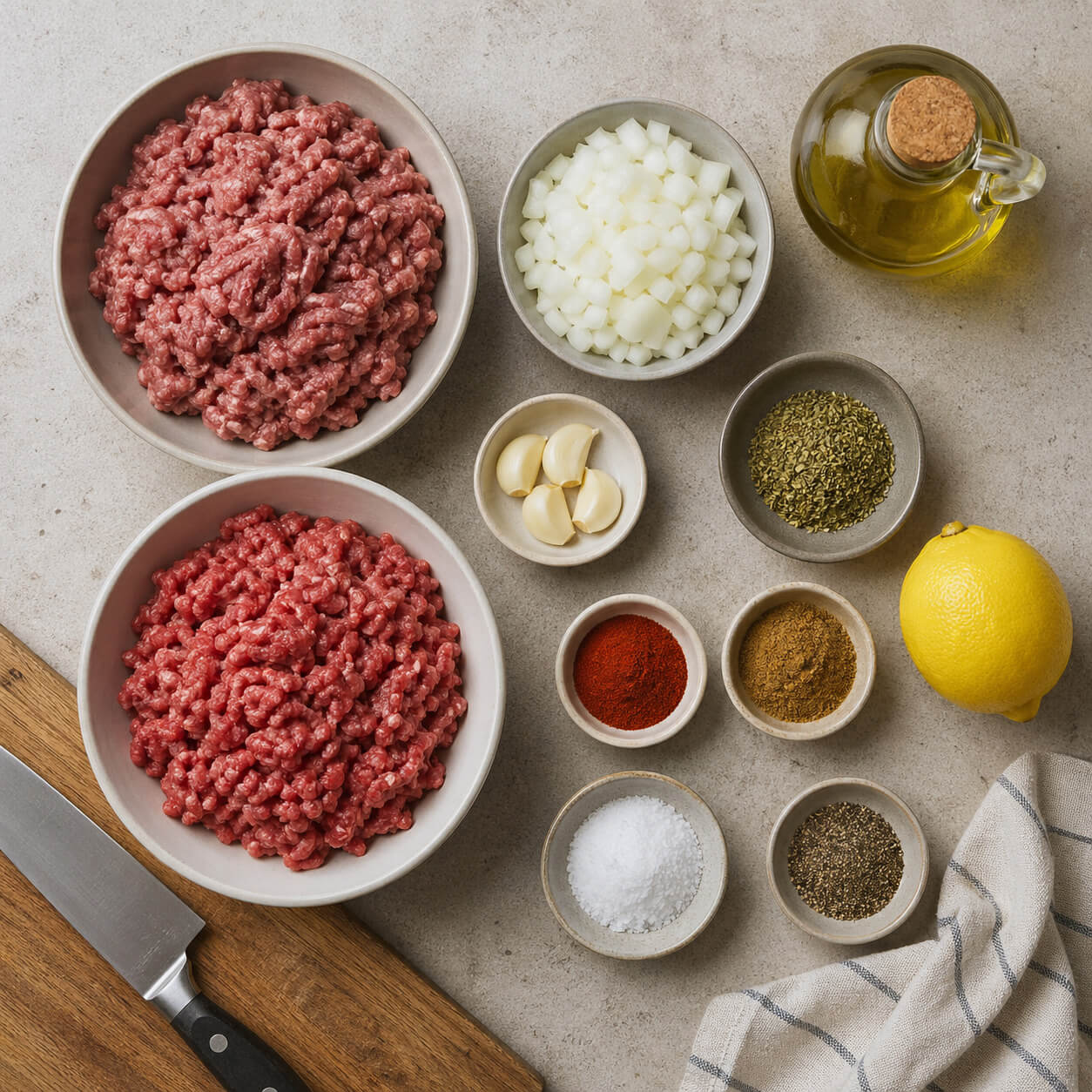 Homemade gyro meat ingredients with ground lamb, ground beef, onion, garlic, oregano, cumin, paprika, and olive oil