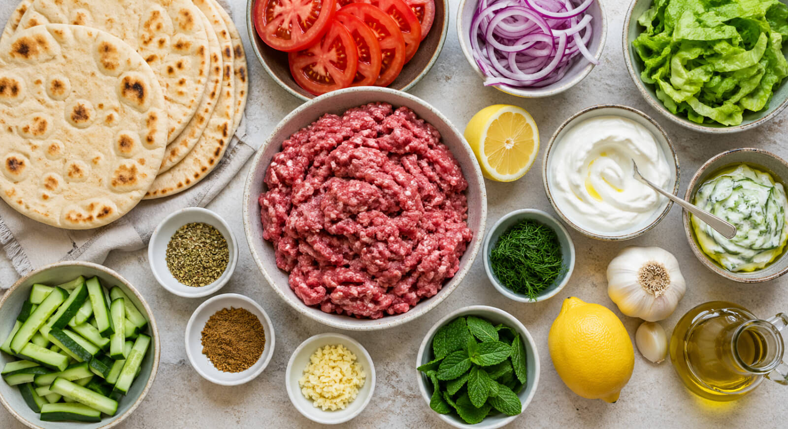 Lamb gyro ingredients with ground lamb, pita bread, tomatoes, onion, lettuce, cucumber, herbs, and yogurt