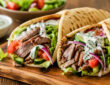 Lamb gyros with tzatziki sauce, tomatoes, red onion, lettuce, and warm pita bread