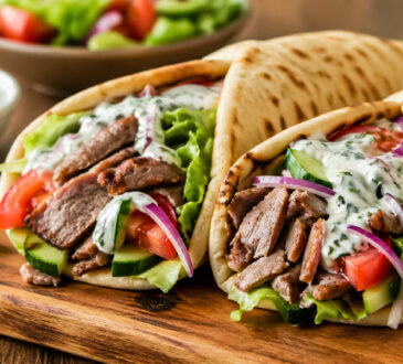 Lamb gyros with tzatziki sauce, tomatoes, red onion, lettuce, and warm pita bread