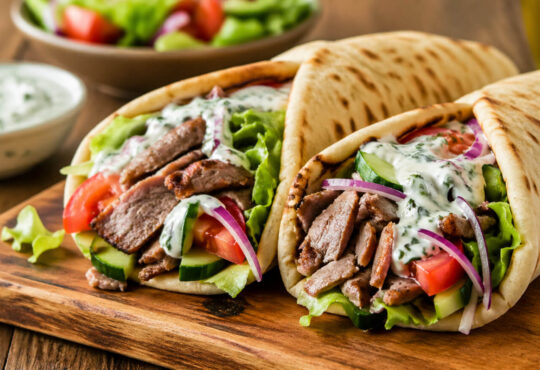 Lamb gyros with tzatziki sauce, tomatoes, red onion, lettuce, and warm pita bread