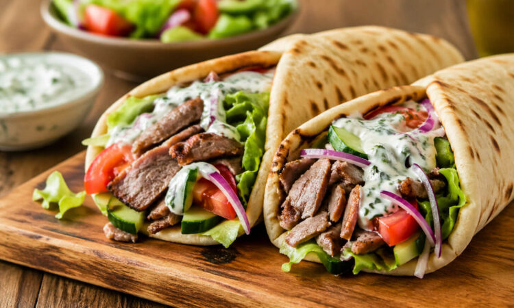 Lamb gyros with tzatziki sauce, tomatoes, red onion, lettuce, and warm pita bread