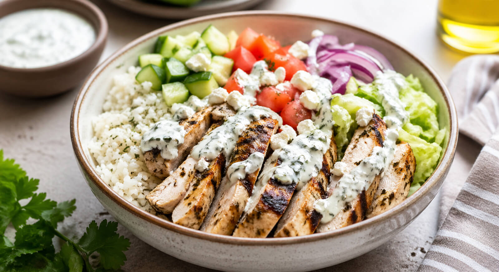 Meal prep chicken gyro bowls with rice, Greek chicken, vegetables, feta, and tzatziki sauce