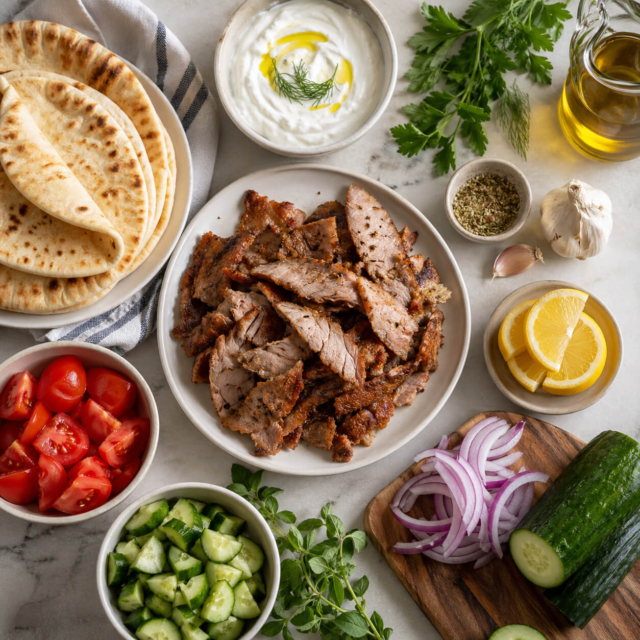 Pork gyro ingredients with sliced pork, pita bread, tomatoes, onion, cucumber, yogurt, garlic, lemon, and herbs