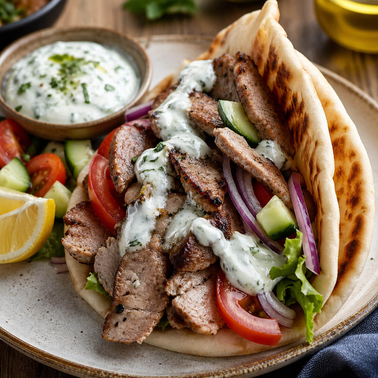 Pork gyros with tzatziki sauce, tomatoes, red onion, cucumber, lettuce, and warm pita bread