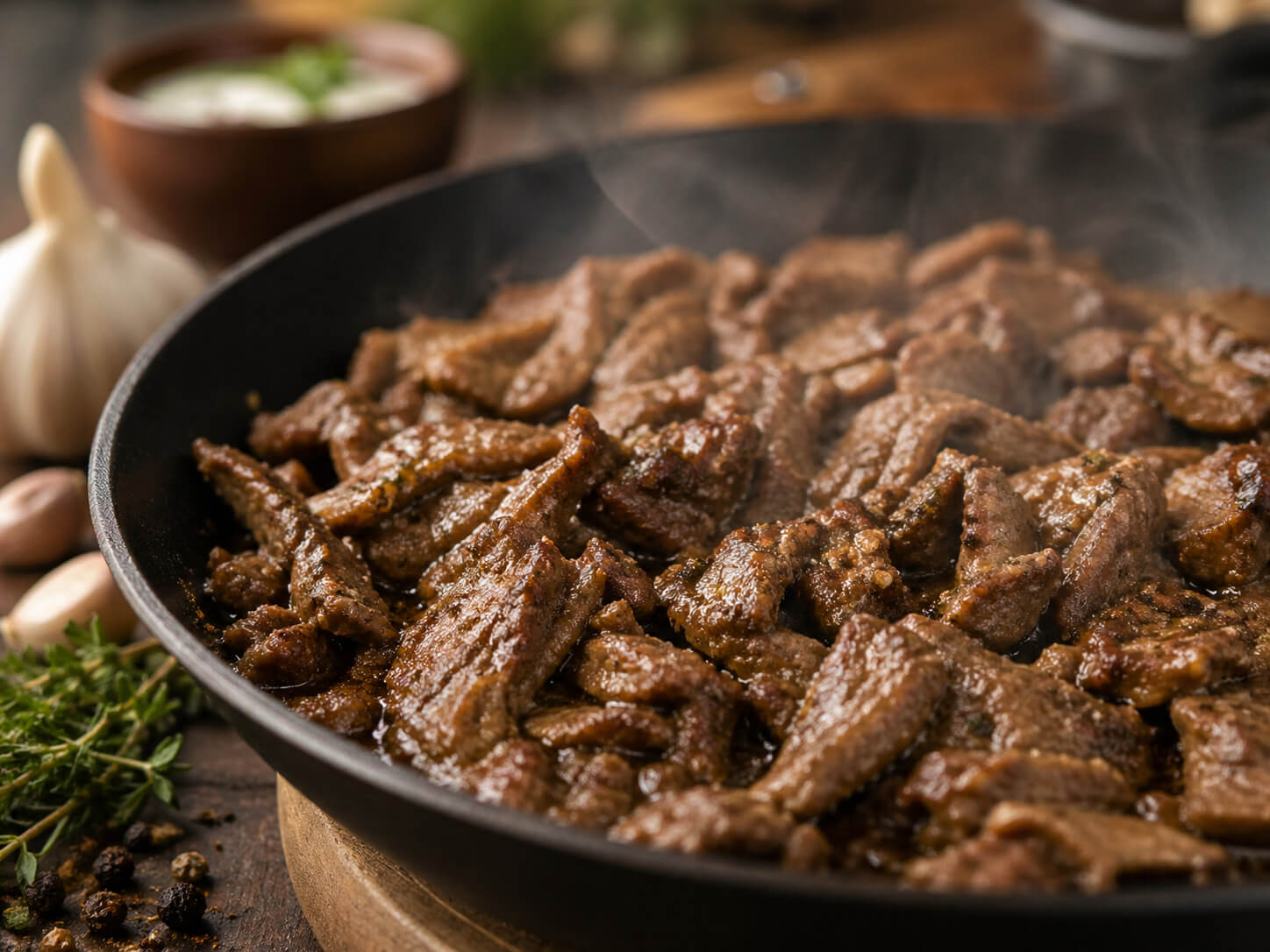 Seasoned beef gyro meat cooked in a skillet for homemade beef gyros