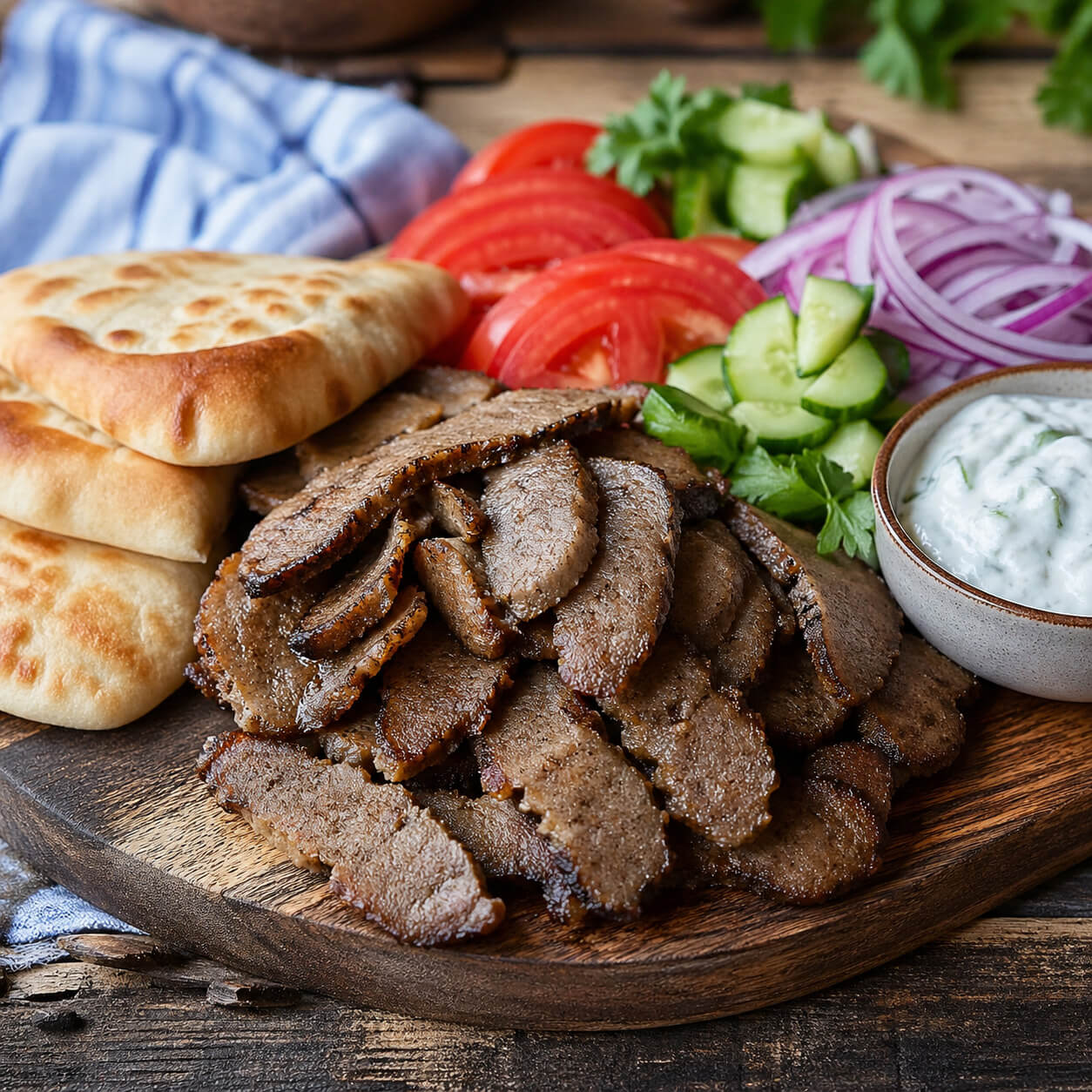Sliced homemade gyro meat served with pita bread, tzatziki sauce, tomatoes, onions, and cucumber