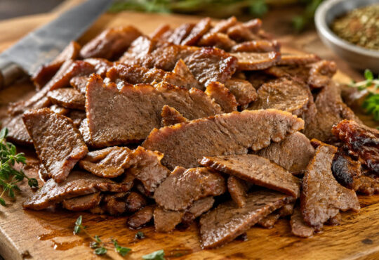 Sliced lamb gyro meat on a cutting board for homemade lamb gyros