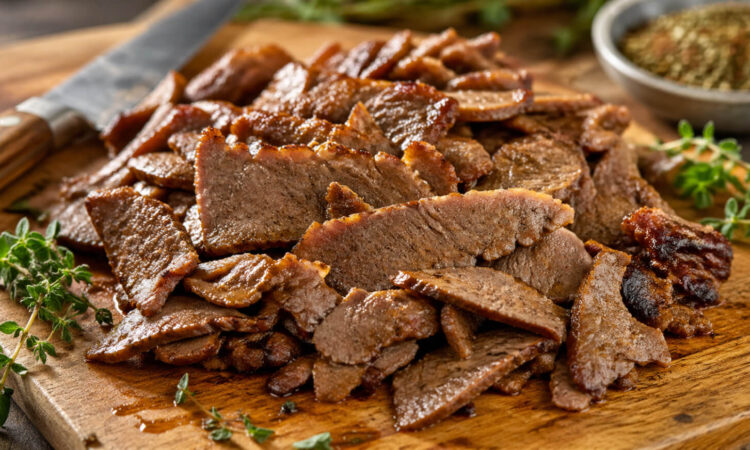 Sliced lamb gyro meat on a cutting board for homemade lamb gyros