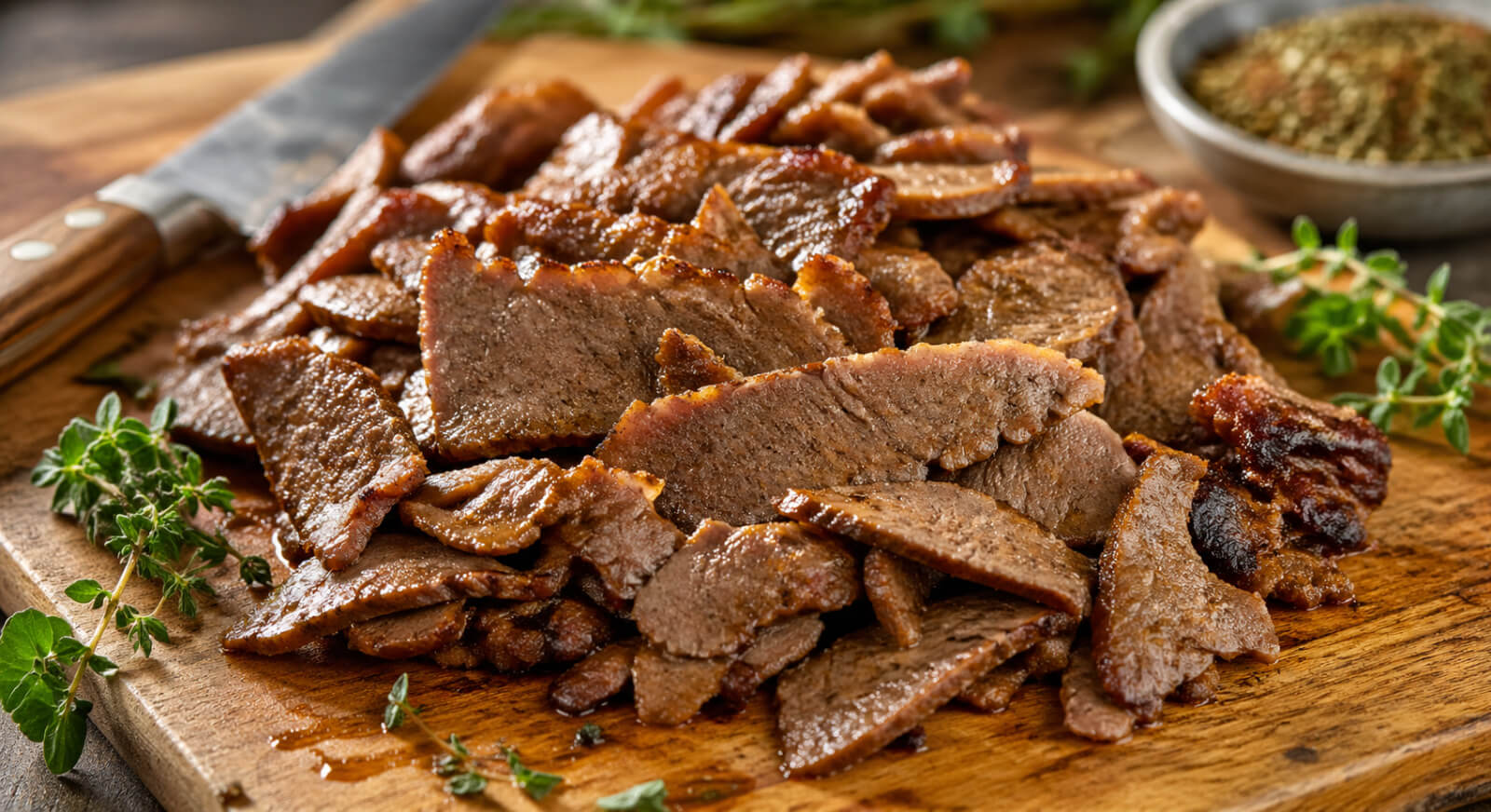 Sliced lamb gyro meat on a cutting board for homemade lamb gyros