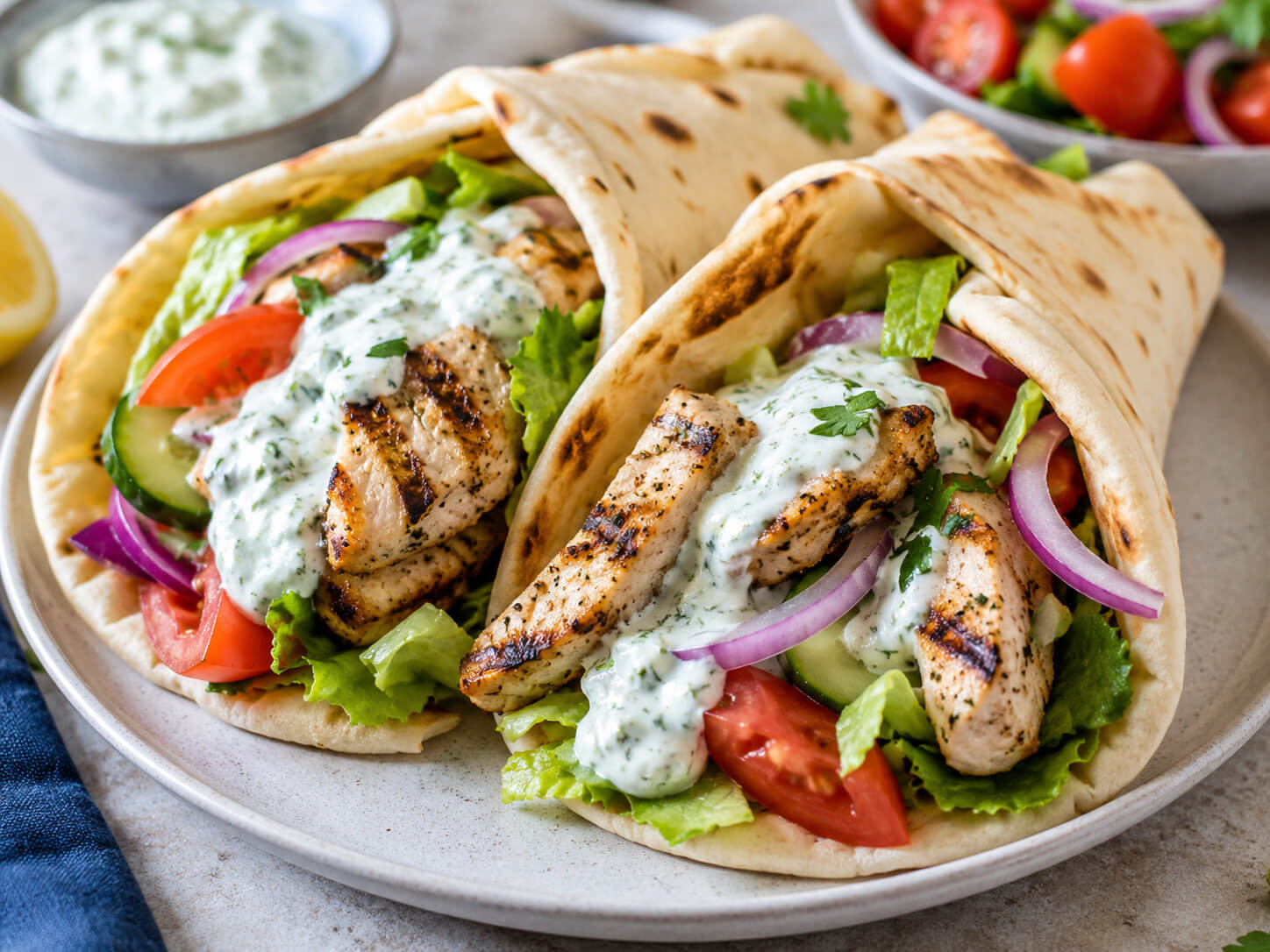 30 minute gyros with seasoned meat, warm pita, vegetables, and creamy tzatziki sauce