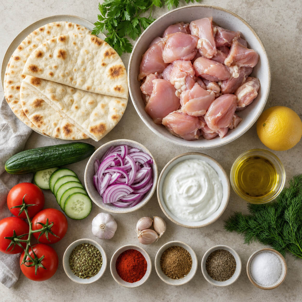 Air fryer chicken gyro ingredients with chicken, pita bread, cucumber, tomato, red onion, Greek yogurt, lemon, garlic, and herbs