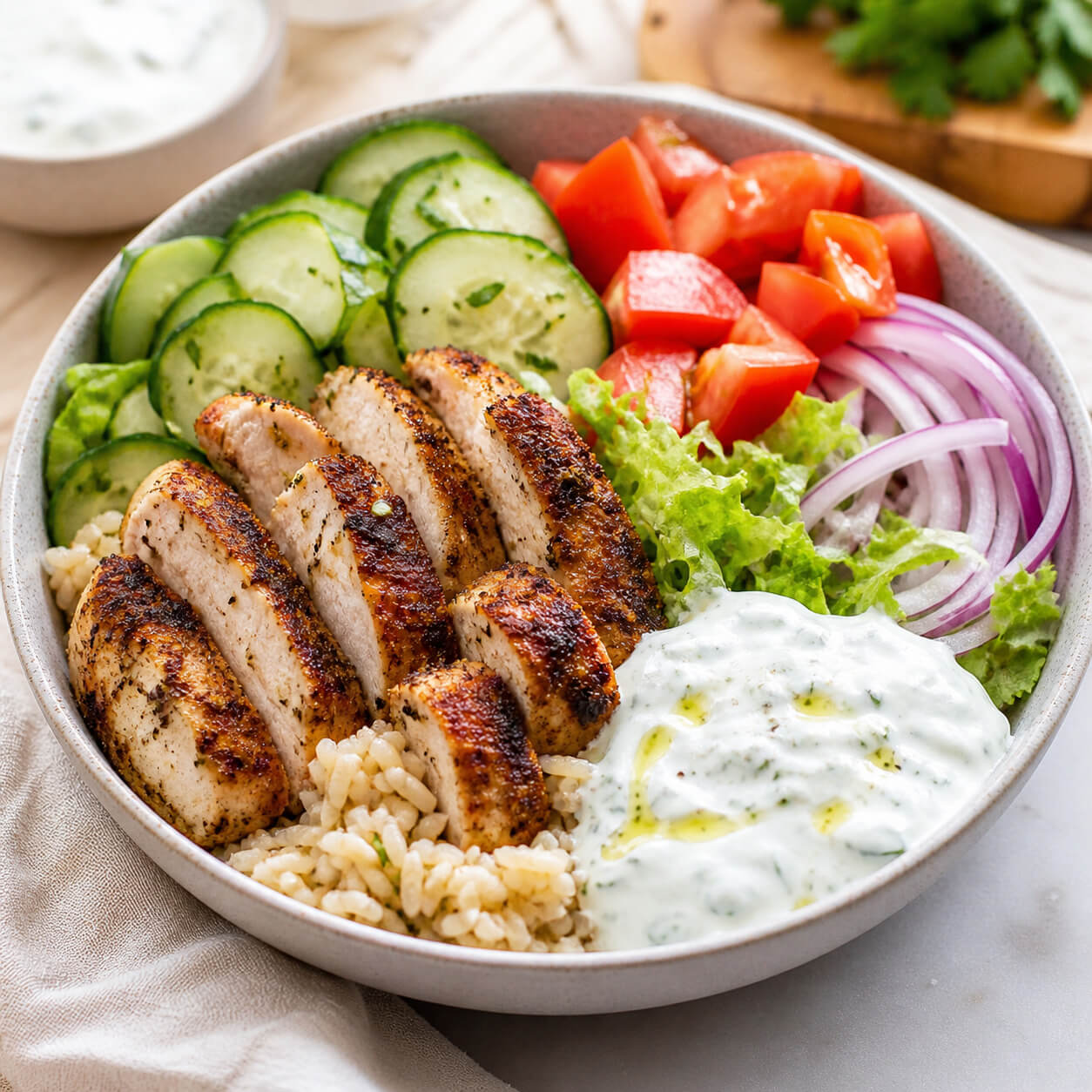 Air fryer gyro bowl with chicken, rice, cucumber, tomatoes, red onion, lettuce, and tzatziki sauce