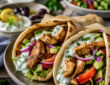 Easy air fryer chicken gyros with warm pita, grilled chicken, fresh vegetables, and tzatziki sauce
