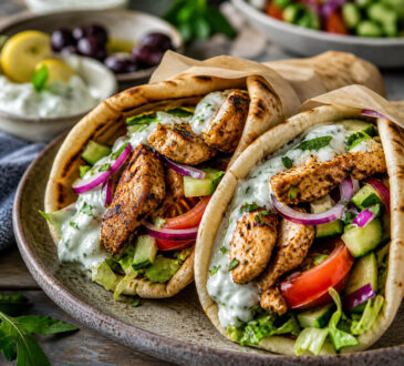 Easy air fryer chicken gyros with warm pita, grilled chicken, fresh vegetables, and tzatziki sauce