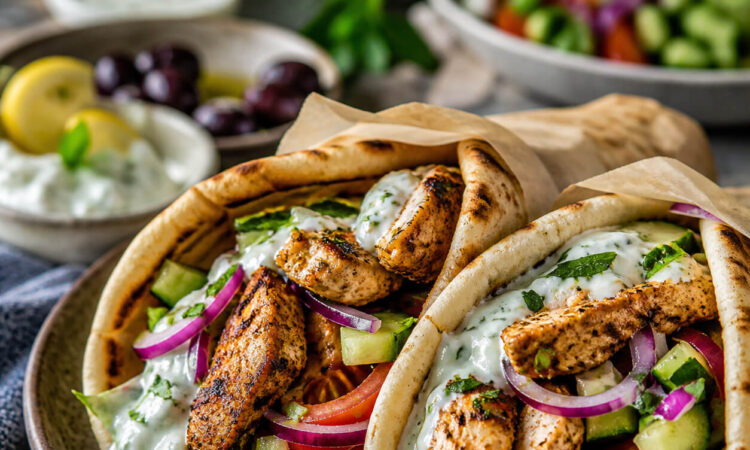 Easy air fryer chicken gyros with warm pita, grilled chicken, fresh vegetables, and tzatziki sauce